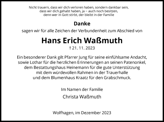 Traueranzeige von Hans Erich Waßmuth von HNA