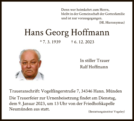 Traueranzeige von Hans Georg Hoffmann von HNA