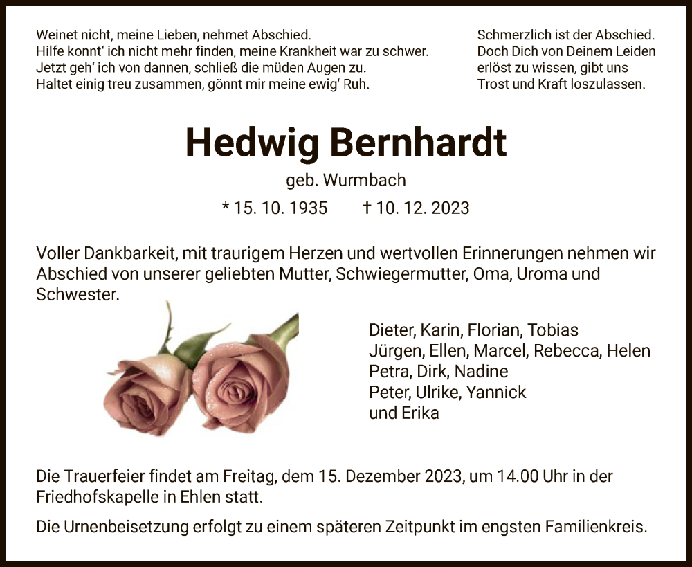  Traueranzeige für Hedwig Bernhardt vom 13.12.2023 aus HNA