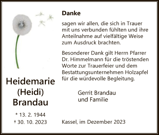 Traueranzeige von Heidemarie Brandau von HNA