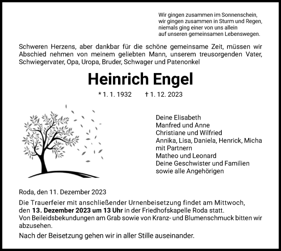 Traueranzeigen Von Heinrich Engel | Trauer.HNA.de