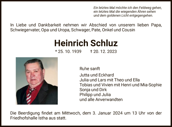 Traueranzeige von Heinrich Schluz von HNA