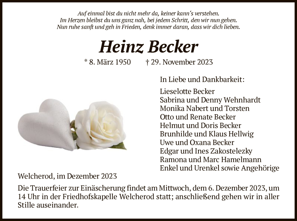  Traueranzeige für Heinz Becker vom 01.12.2023 aus HNA