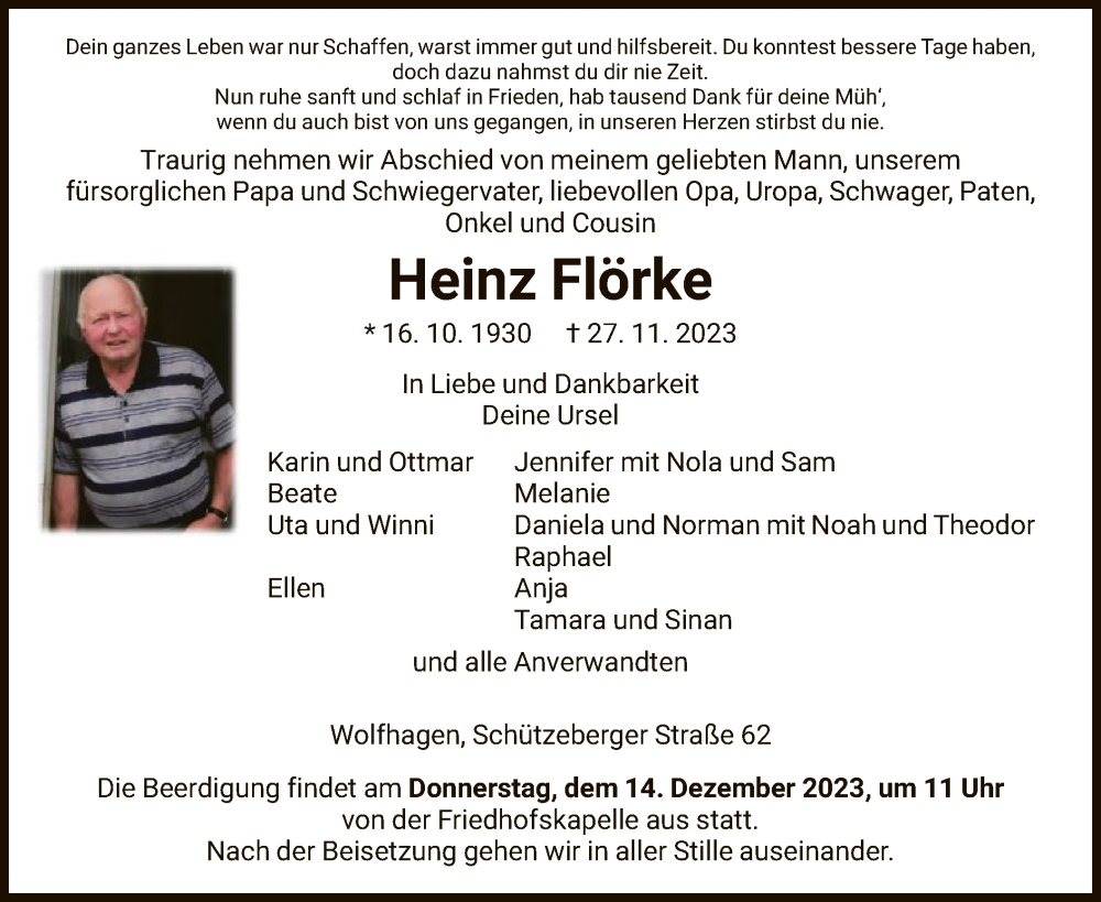  Traueranzeige für Heinz Flörke vom 13.12.2023 aus HNA