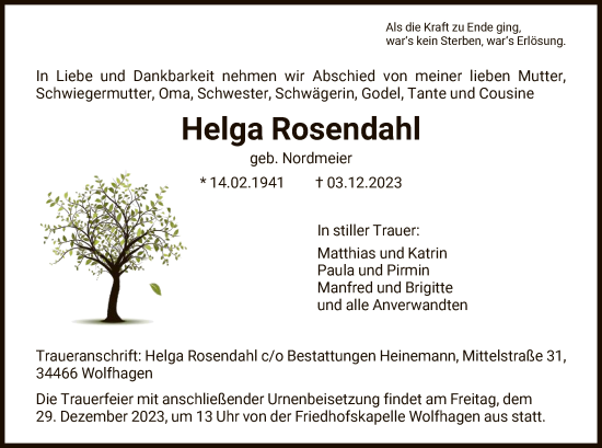 Traueranzeige von Helga Rosendahl von HNA