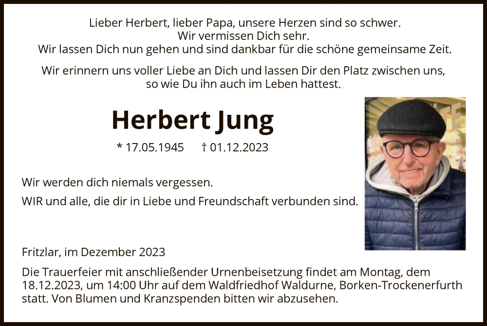  Traueranzeige für Herbert Jung vom 09.12.2023 aus HNA