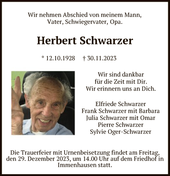 Traueranzeige von Herbert Schwarzer von HNA