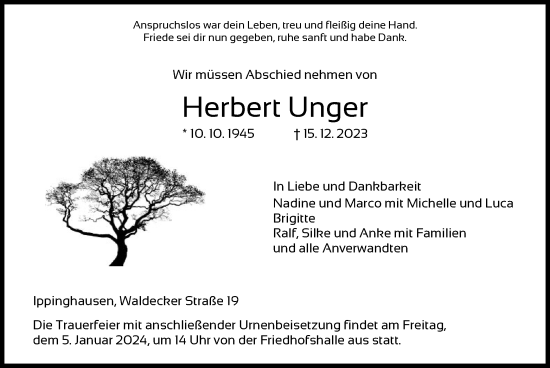 Traueranzeige von Herbert Unger von HNA