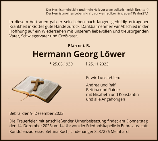 Traueranzeige von Hermann Georg Löwer von HNA