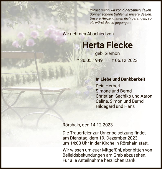 Traueranzeige von Herta Flecke von HNA