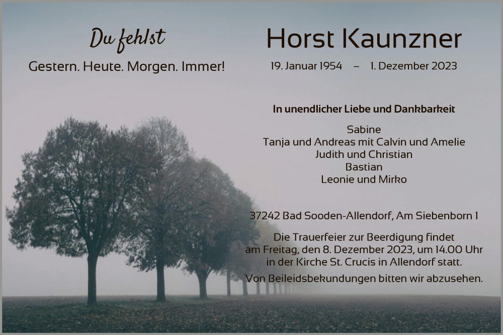  Traueranzeige für Horst Kaunzner vom 05.12.2023 aus HNA