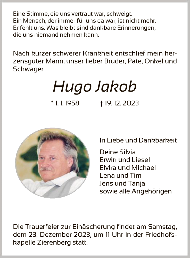  Traueranzeige für Hugo Jakob vom 21.12.2023 aus HNA