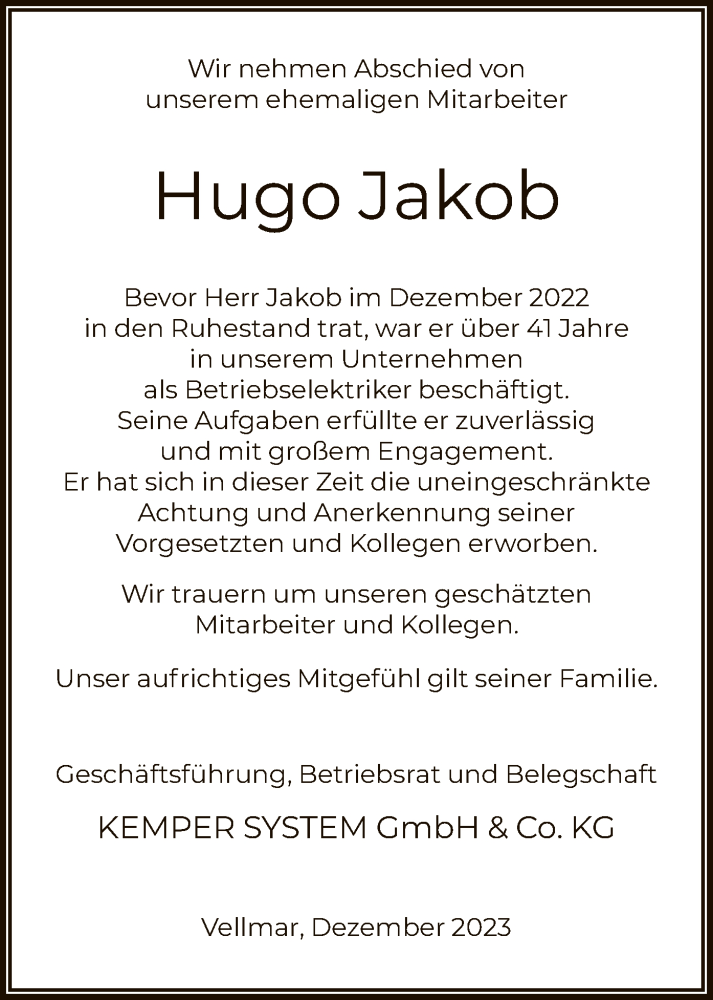  Traueranzeige für Hugo Jakob vom 23.12.2023 aus HNAHNA