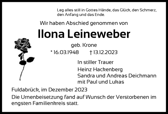 Traueranzeige von Ilona Leineweber von HNA