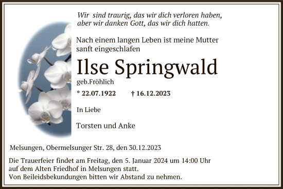 Traueranzeige von Ilse Springwald von HNA