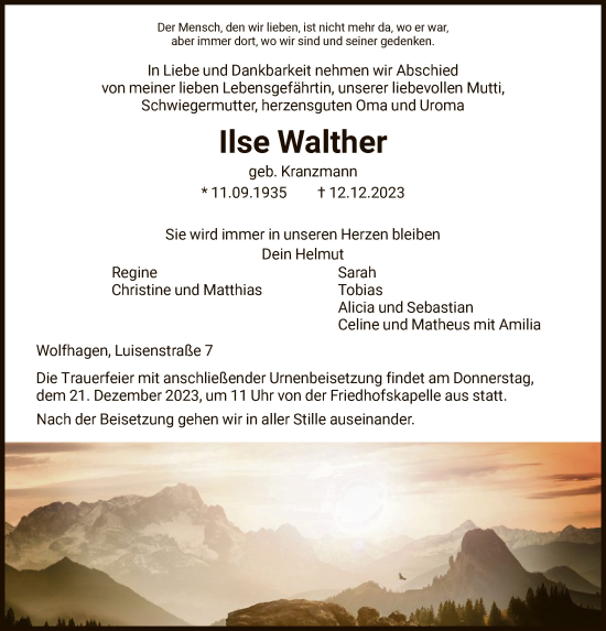 Traueranzeige von Ilse Walther von HNA