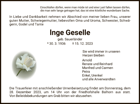 Traueranzeige von Inge Geselle von HNA