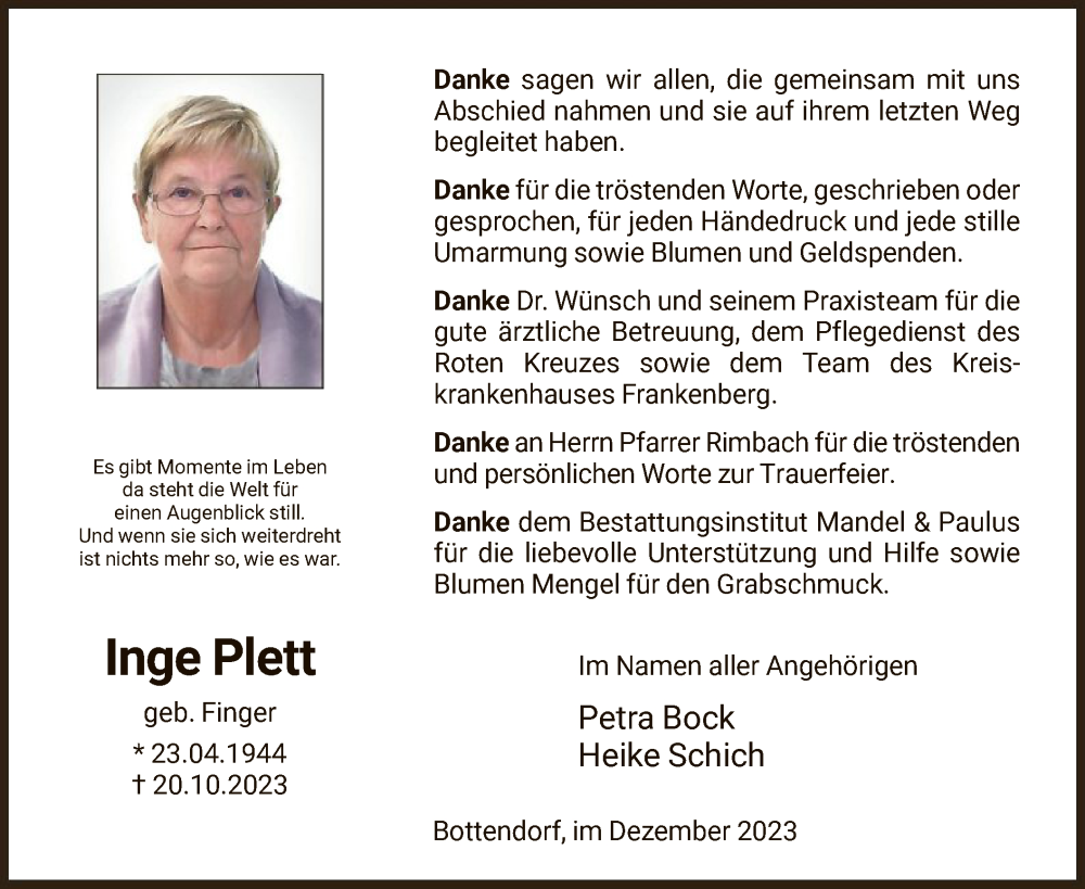  Traueranzeige für Inge Plett vom 09.12.2023 aus HNA