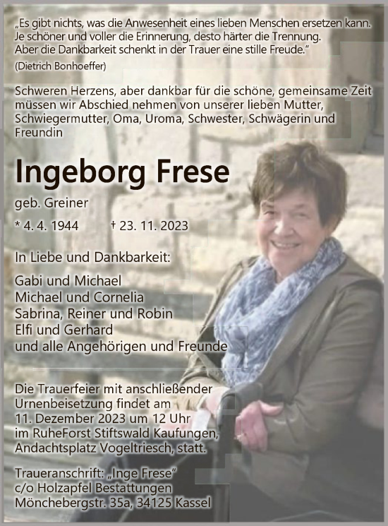 Traueranzeige von Ingeborg Frese von HNA