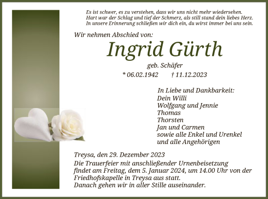 Traueranzeige von Ingrid Gürth von HNA