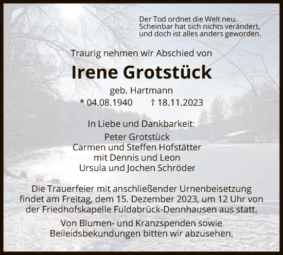 Traueranzeige von Irene Grotstück von HNA