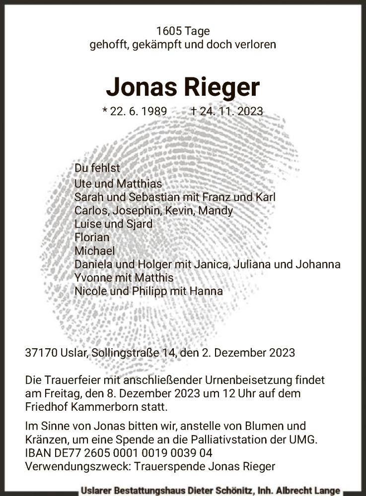  Traueranzeige für Jonas Rieger vom 02.12.2023 aus HNA