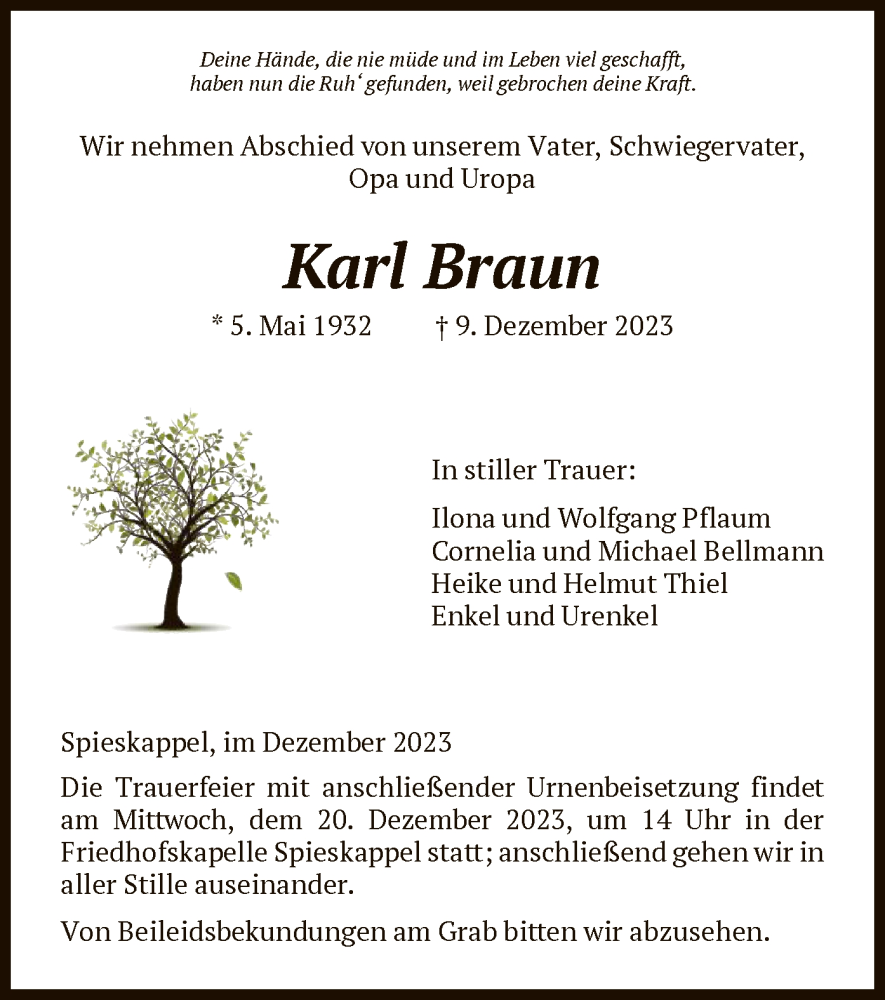  Traueranzeige für Karl Braun vom 15.12.2023 aus HNAHNA