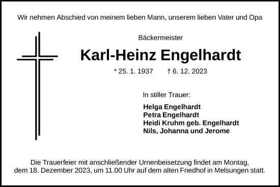 Traueranzeige von Karl-Heinz Engelhardt von HNA