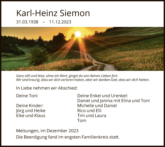 Traueranzeige von Karl-Heinz Siemon von HNA