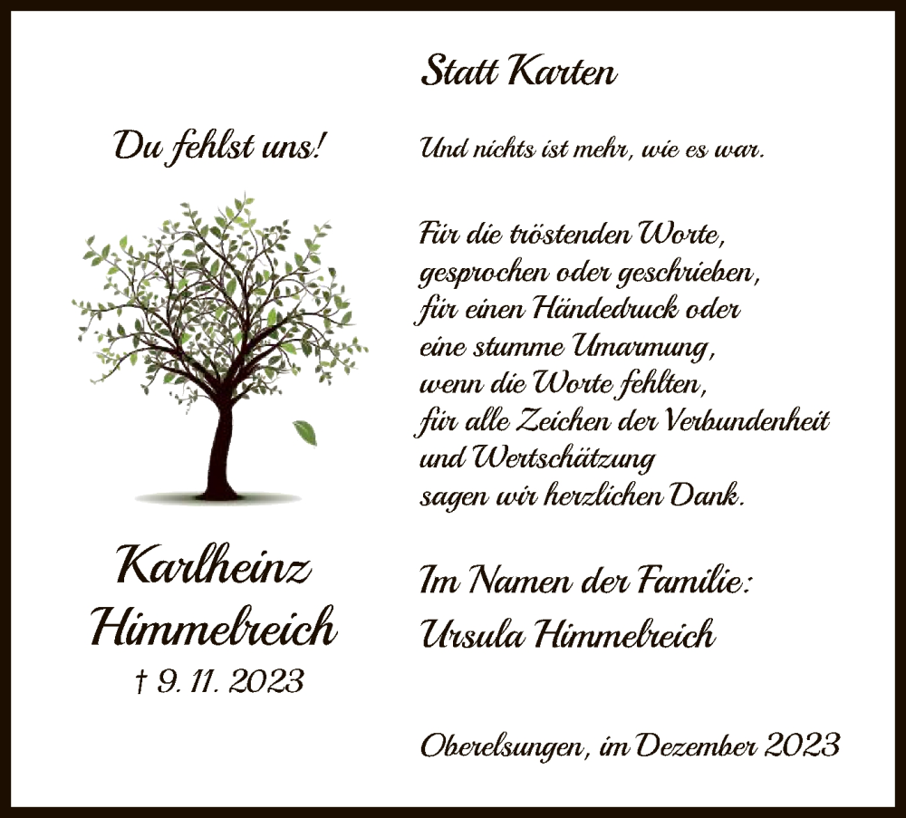  Traueranzeige für Karlheinz Himmelreich vom 16.12.2023 aus HNA