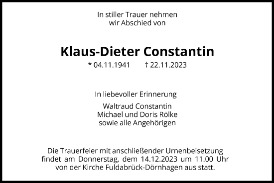 Traueranzeige von Klaus-Dieter Constantin von HNA