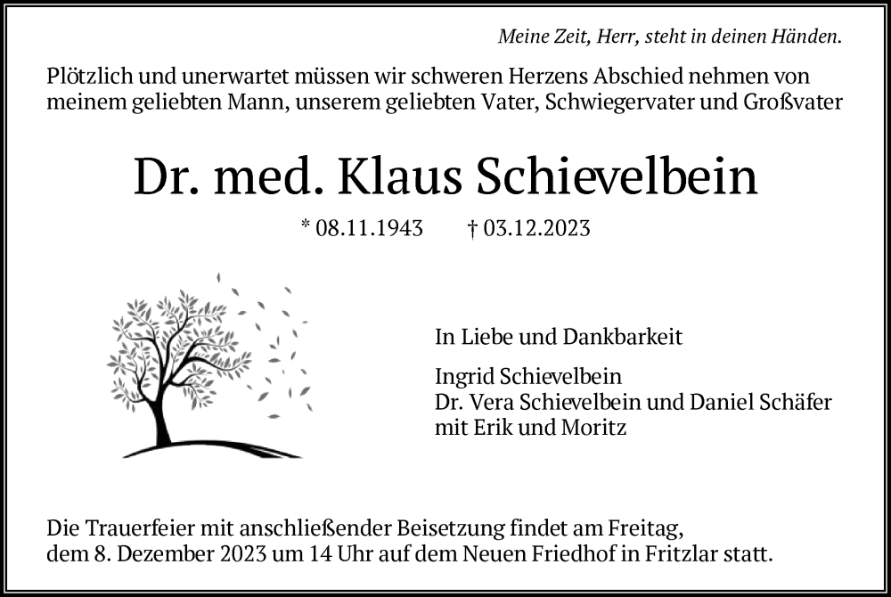  Traueranzeige für Klaus Schievelbein vom 05.12.2023 aus HNA