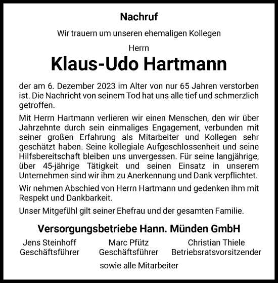 Traueranzeige von Klaus-Udo Hartmann von HNA