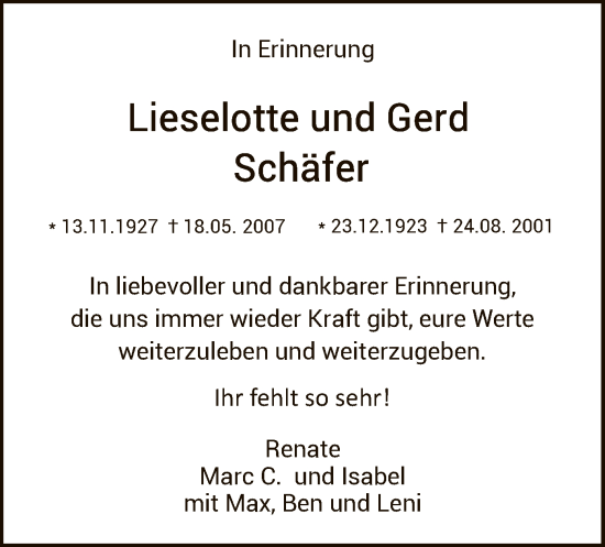 Traueranzeige von Lieselotte und Gerd Schäfer von HNA
