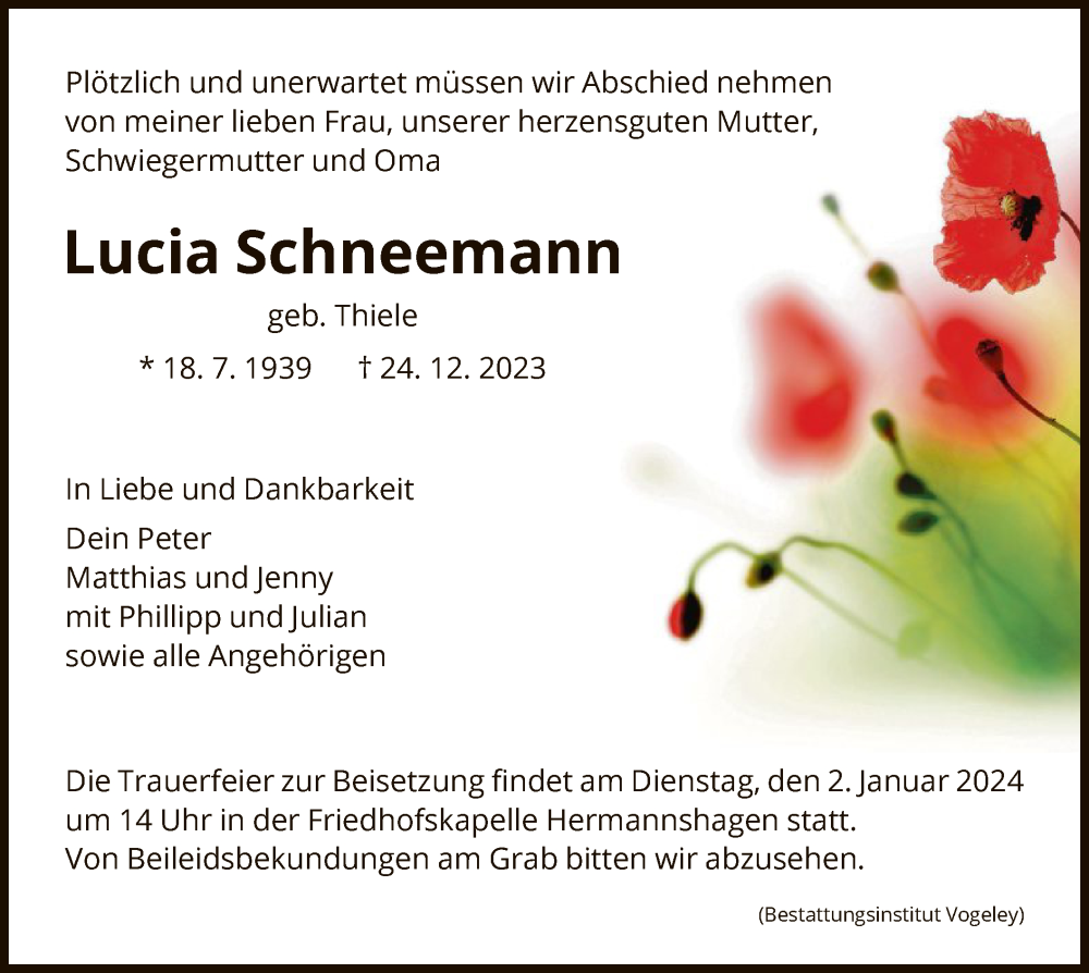  Traueranzeige für Lucia Schneemann vom 30.12.2023 aus HNA