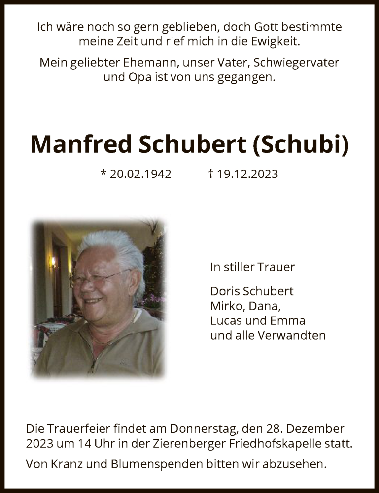  Traueranzeige für Manfred Schubert vom 27.12.2023 aus HNA