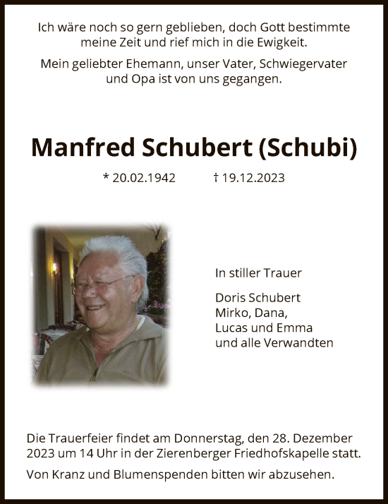 Traueranzeige von Manfred Schubert von HNA