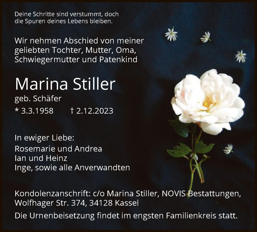  Traueranzeige für Marina Stiller vom 09.12.2023 aus HNA