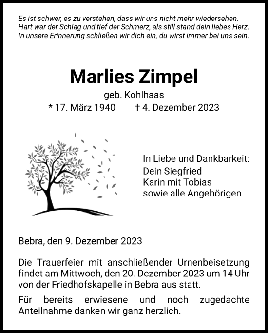 Traueranzeige von Marlies Zimpel von HNA