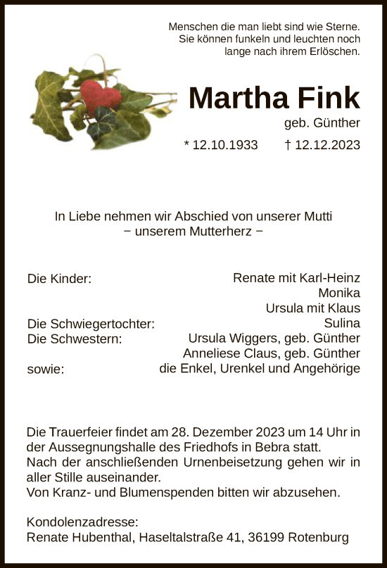 Traueranzeige von Martha Fink von HNA