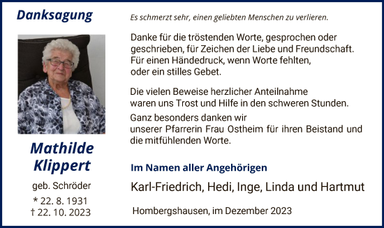 Traueranzeige von Mathilde Klippert von HNAHNA