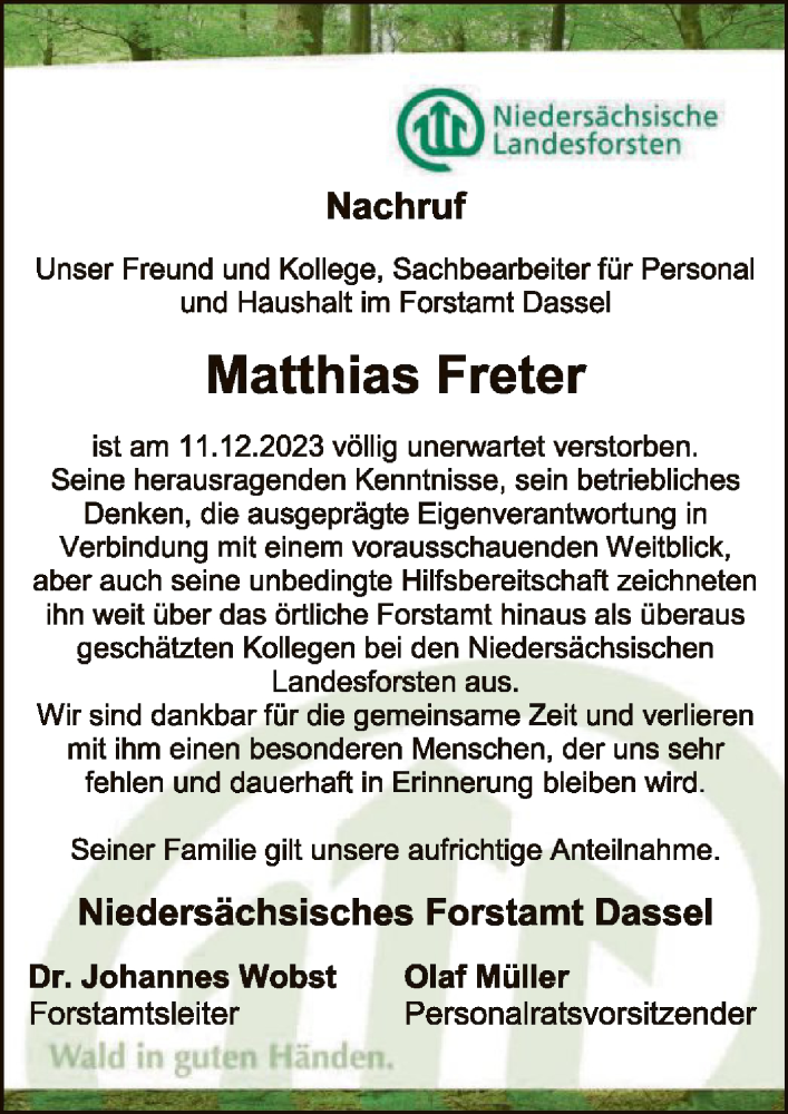  Traueranzeige für Matthias Freter vom 16.12.2023 aus HNAHNA
