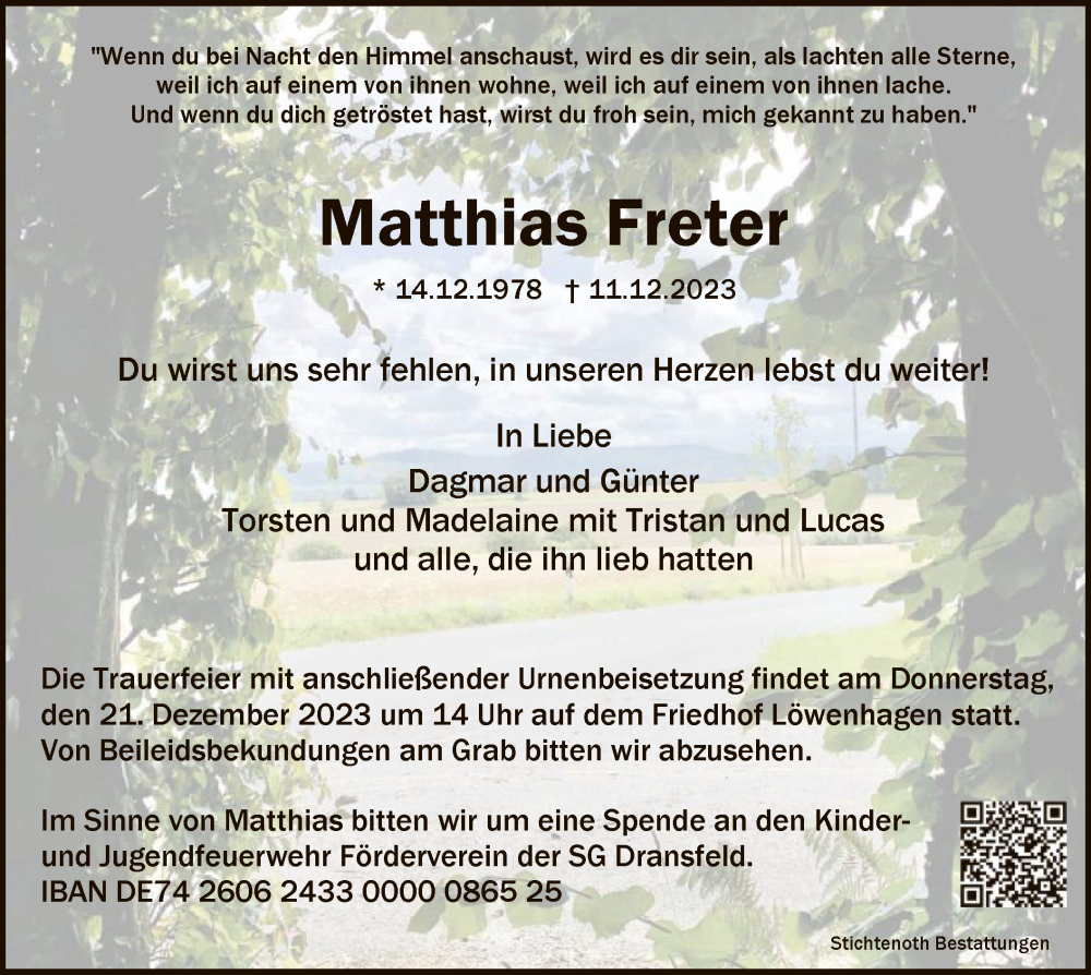 Traueranzeige für Matthias Freter vom 16.12.2023 aus HNA