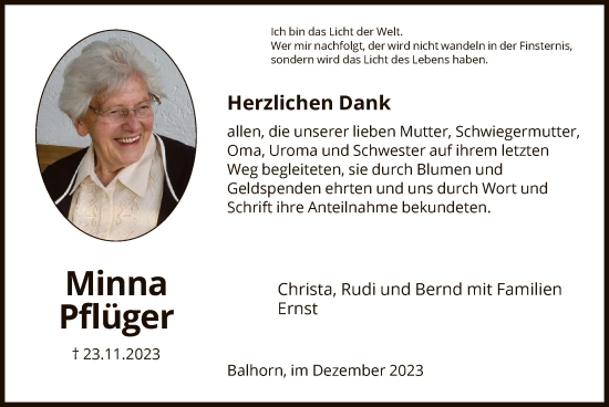 Traueranzeige von Minna Pflüger von HNA