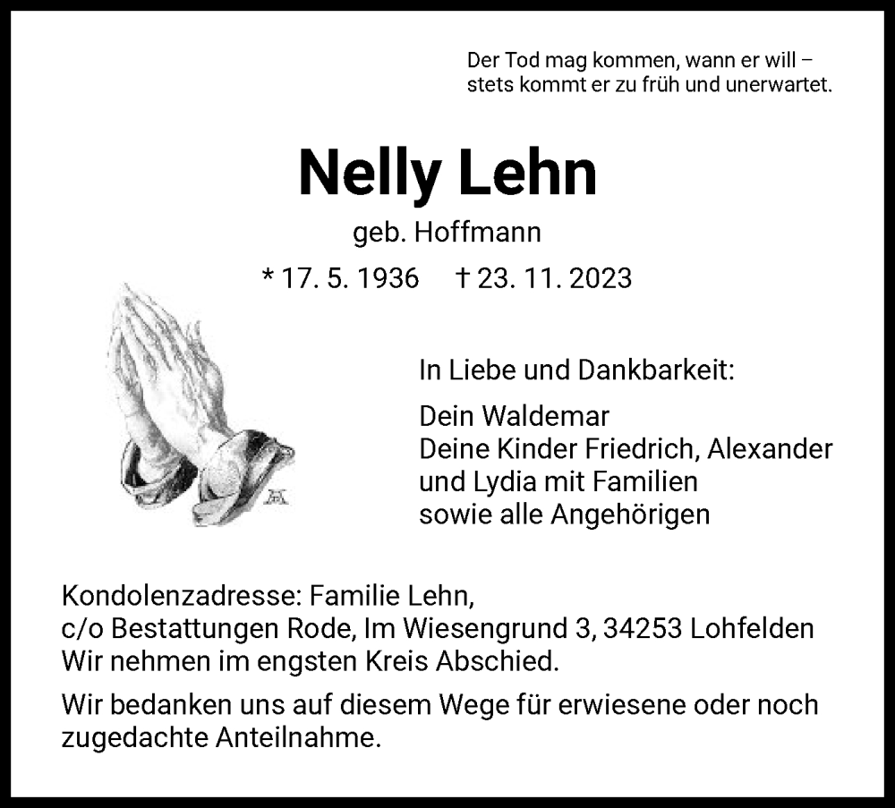 Traueranzeige für Nelly Lehn vom 02.12.2023 aus HNA