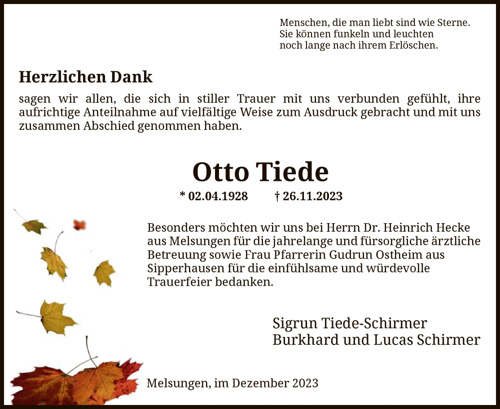  Traueranzeige für Otto Tiede vom 23.12.2023 aus HNA