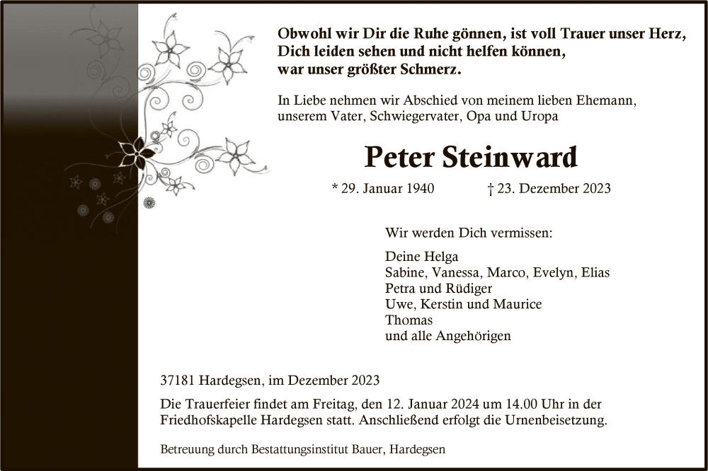  Traueranzeige für Peter Steinward vom 30.12.2023 aus HNA
