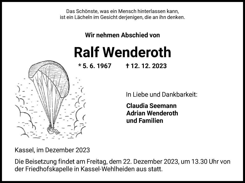  Traueranzeige für Ralf Wenderoth vom 16.12.2023 aus HNA