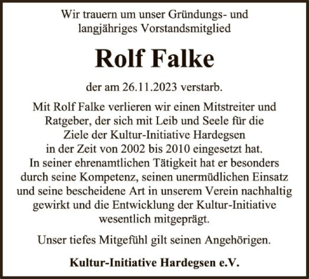 Traueranzeige für Rolf Falke vom 02.12.2023 aus HNA