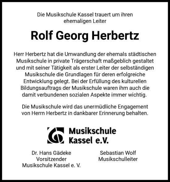 Traueranzeige von Rolf Georg Herbertz von HNA